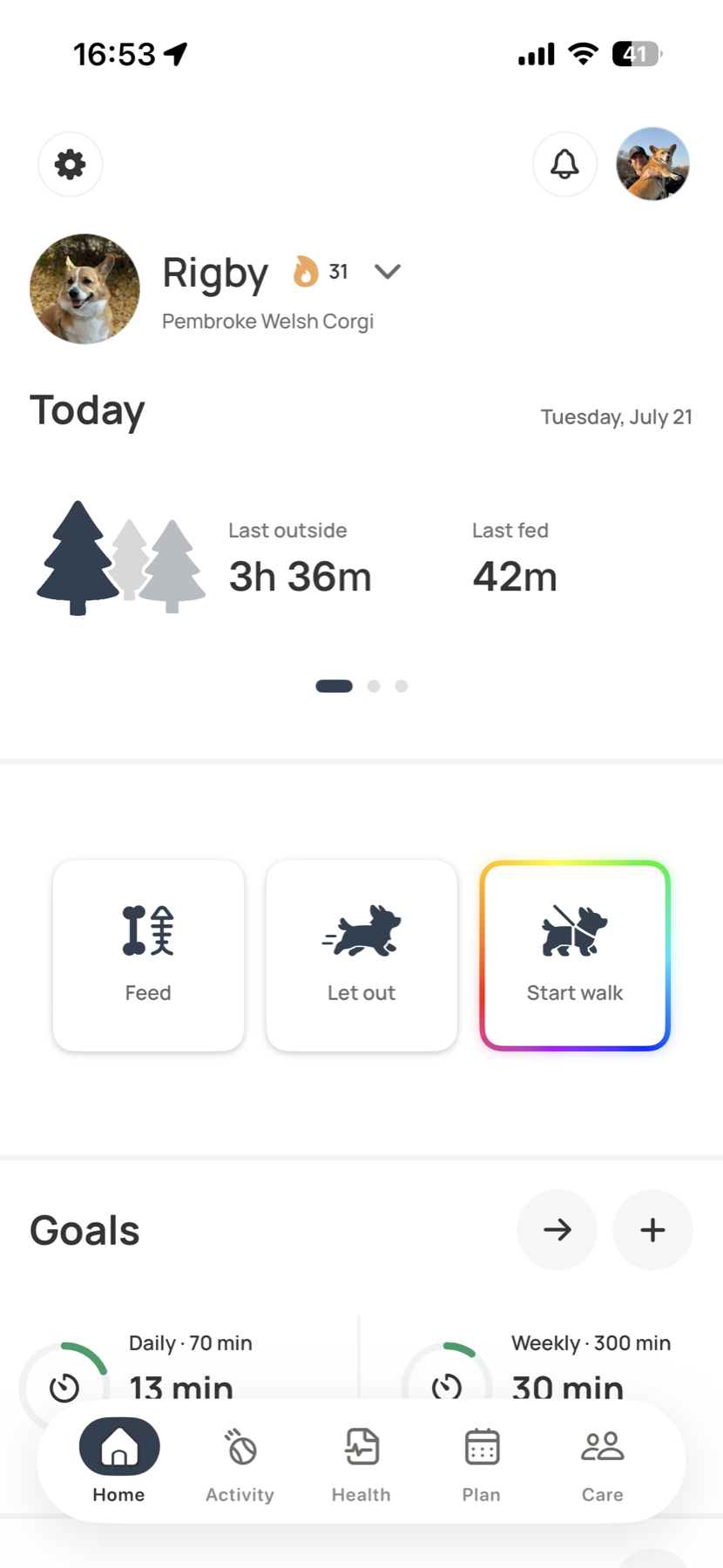 Voffi home screen showing a pet household's daily care